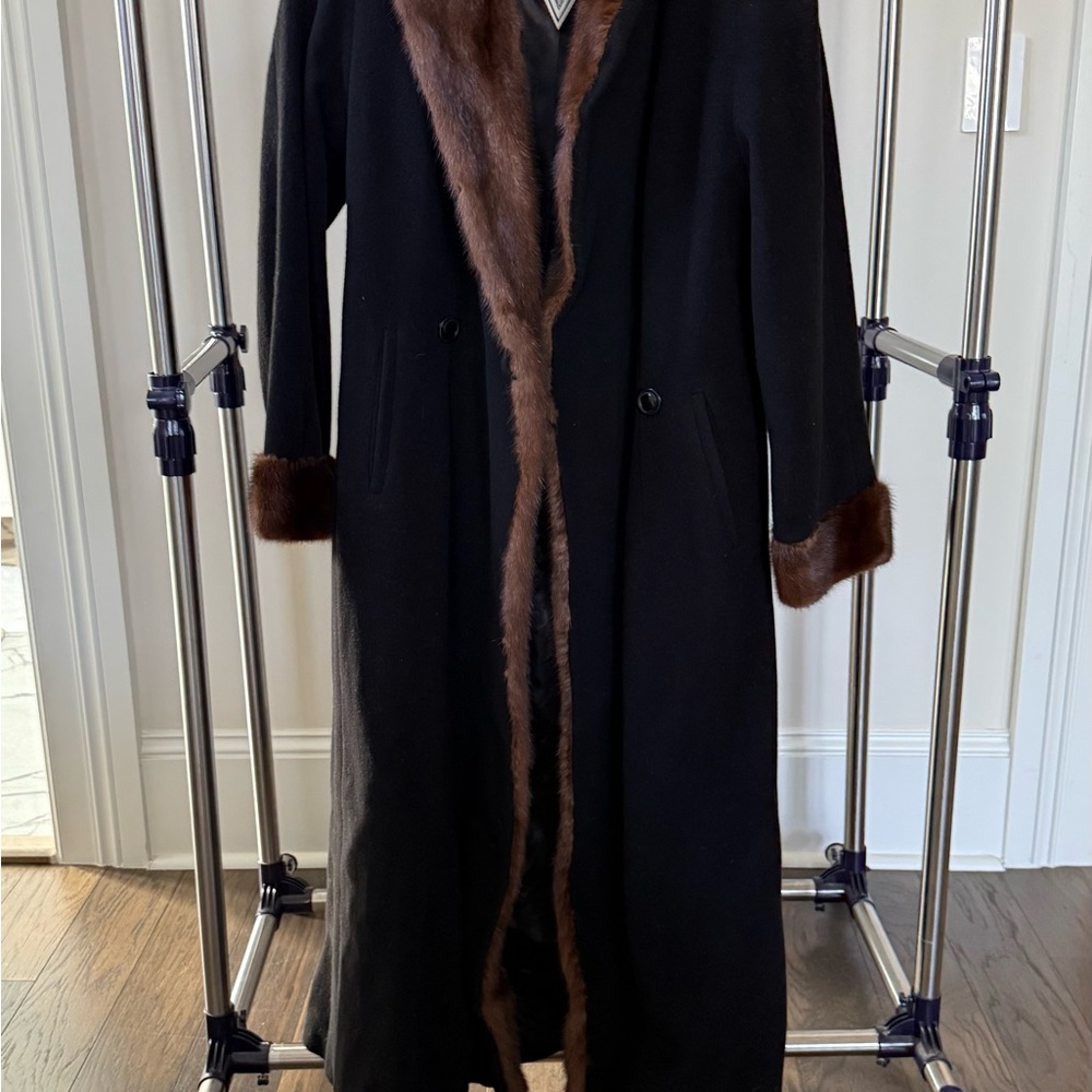 Marvin Richards Black Pea Coat with Brown Trim